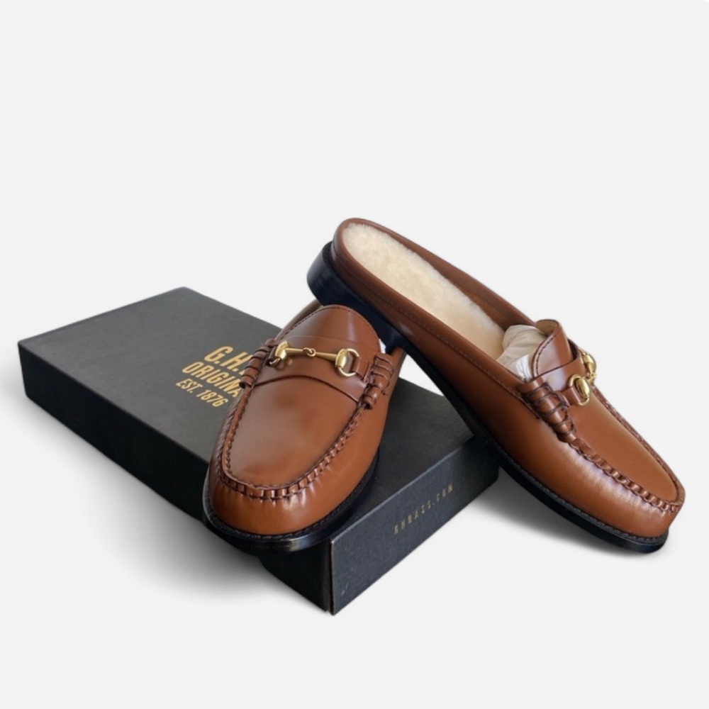 NIB G.H. Bass Wynn Shearling Loafer Mule in Cognac, size US 7.5W